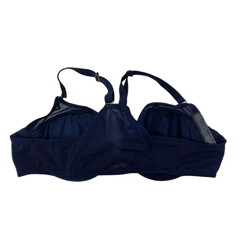 Soma Sensual Front Close Demi Bra 32C Navy Blue Underwire Mesh Lace Trim